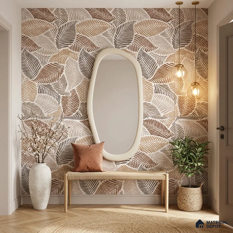 Scandinavian foyer with leaf patterned tile, natural wood bench, and herringbone wooden flooring