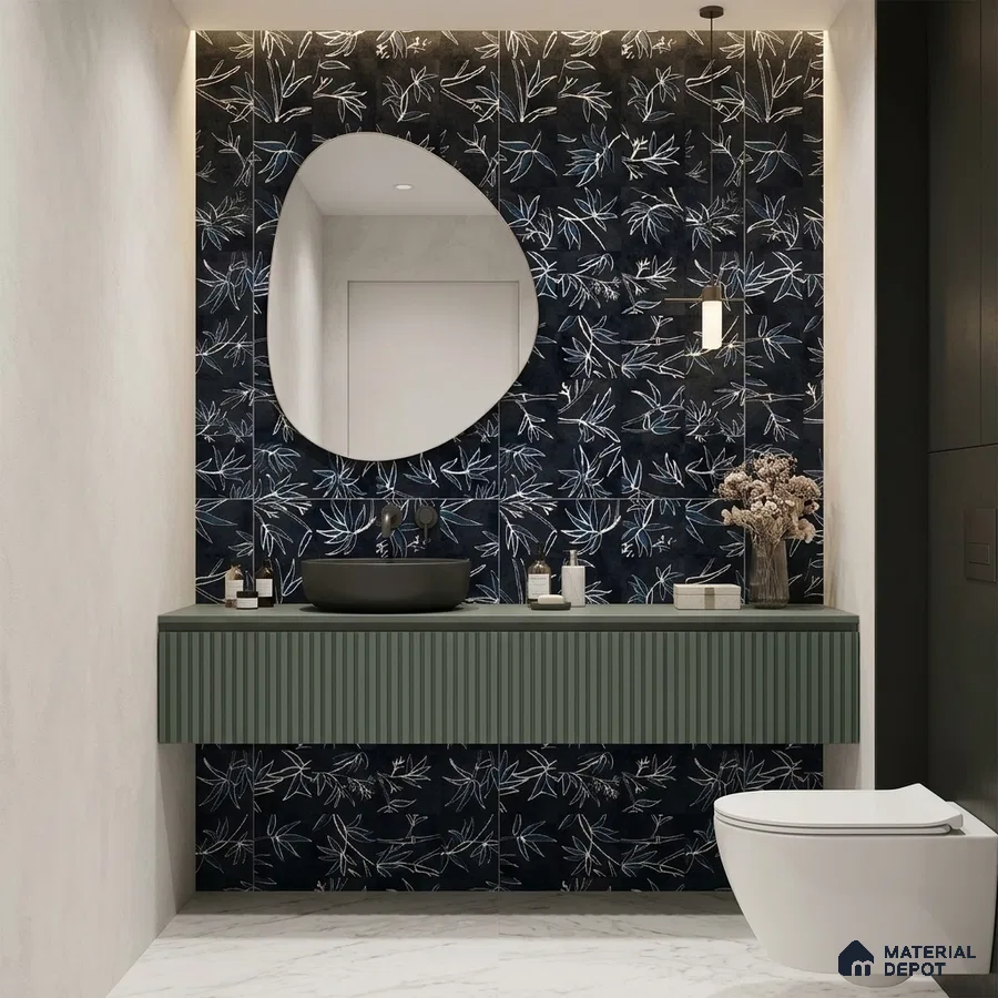 Modern bathroom with dark floral patterned wall tiles, sage green fluted vanity, and white marble floor tiles