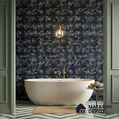 Modern bathroom with navy floral wall tiles and chevron marble floor tiles