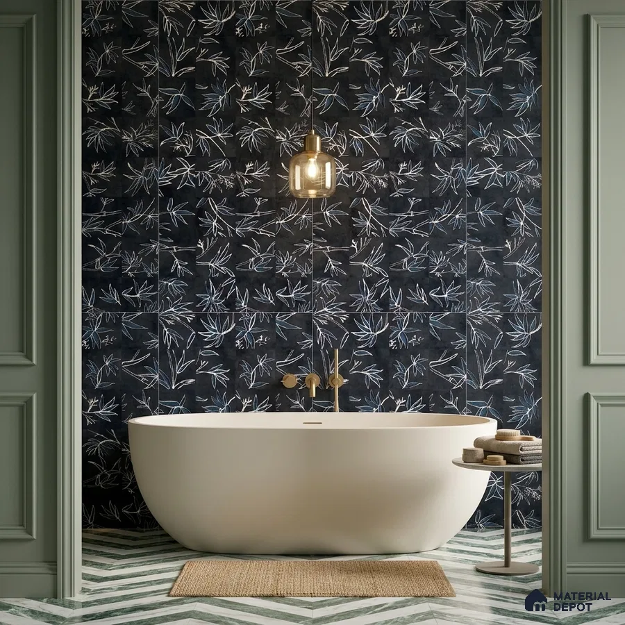 Modern bathroom with navy floral wall tiles and chevron marble floor tiles