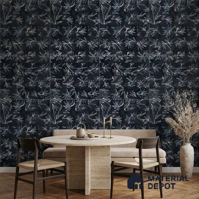 Japandi dining room with botanical patterned tile and travertine dining table