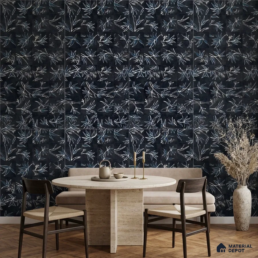 Japandi dining room with botanical patterned tile and travertine dining table