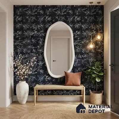 Modern foyer with black floral tile, light wood bench, and herringbone wooden flooring