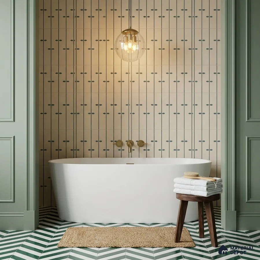 Modern bathroom with patterned vertical wall tiles and green chevron floor tiles