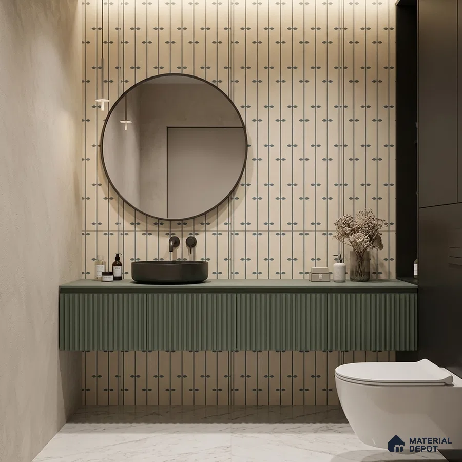 Modern bathroom with olive green fluted vanity, patterned vertical wall tiles, and white marble floor tiles
