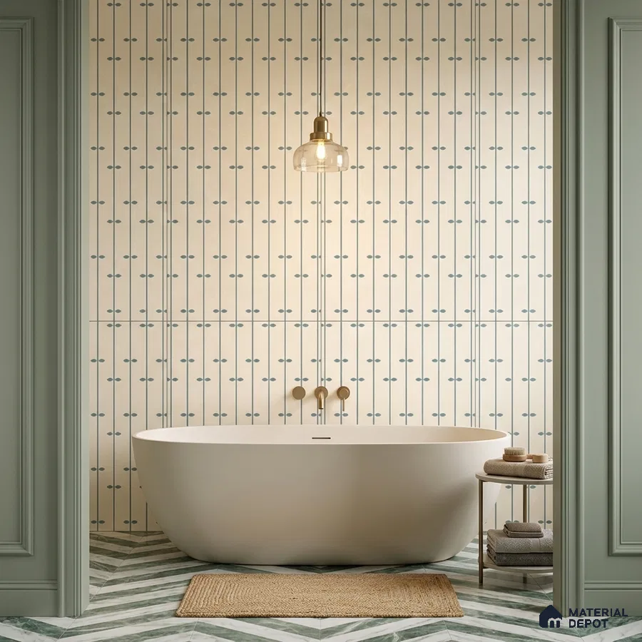 Scandinavian bathroom with patterned vertical wall tiles and chevron green-and-white floor tiles