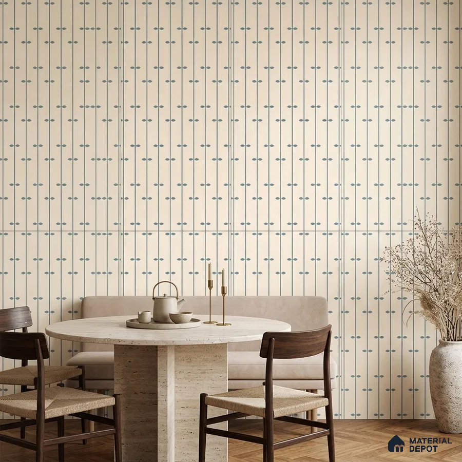 Scandinavian dining room with patterned tile, travertine table, and wooden chairs
