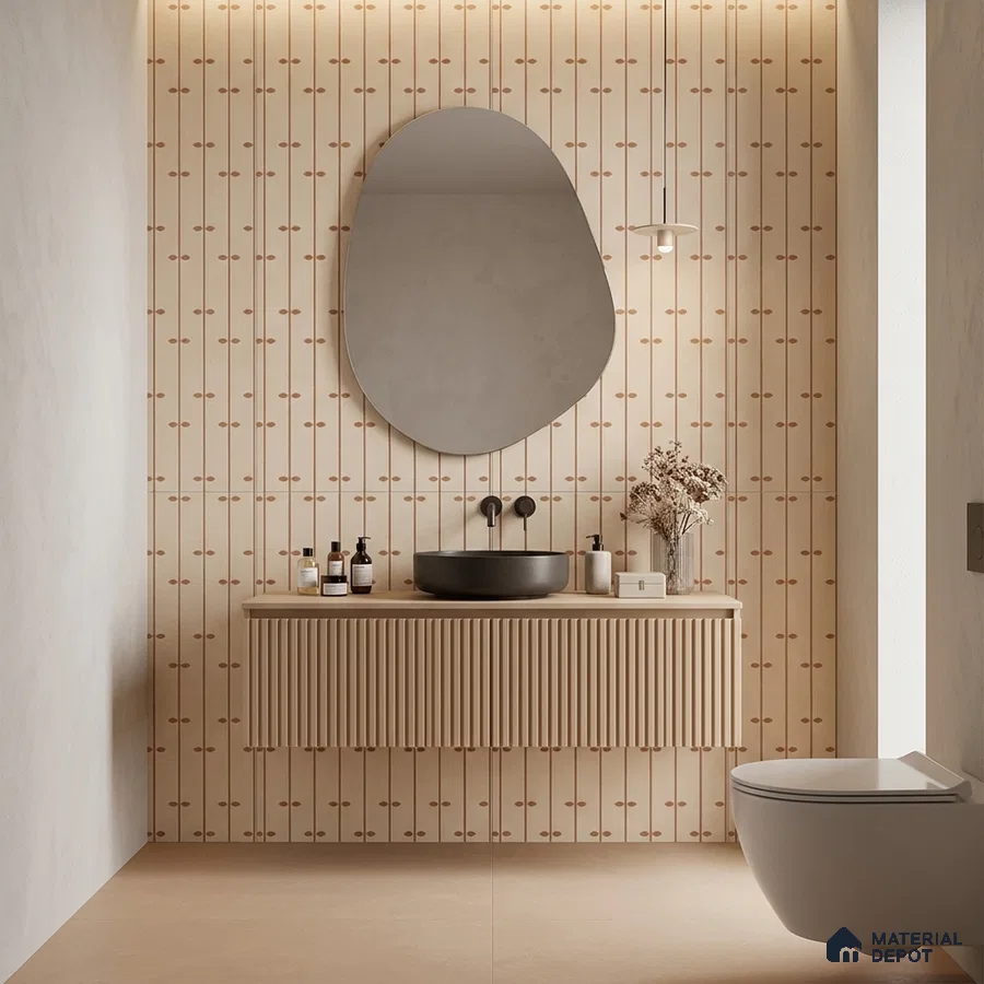 Minimalist bathroom with beige patterned wall tiles and fluted wood vanity