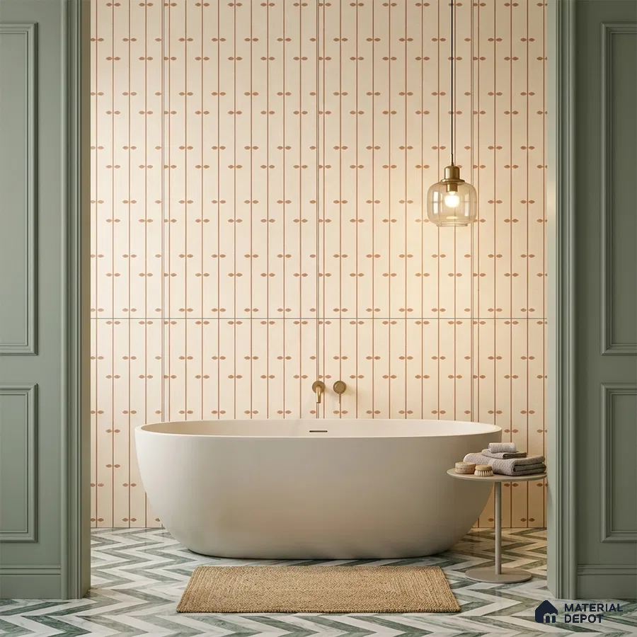 Modern bathroom with patterned vertical wall tiles and chevron green and white floor tiles