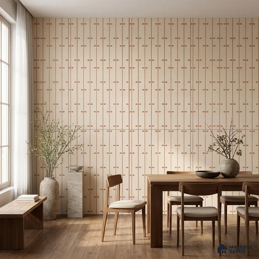 Japandi dining room with patterned beige tile and natural oak wood furniture