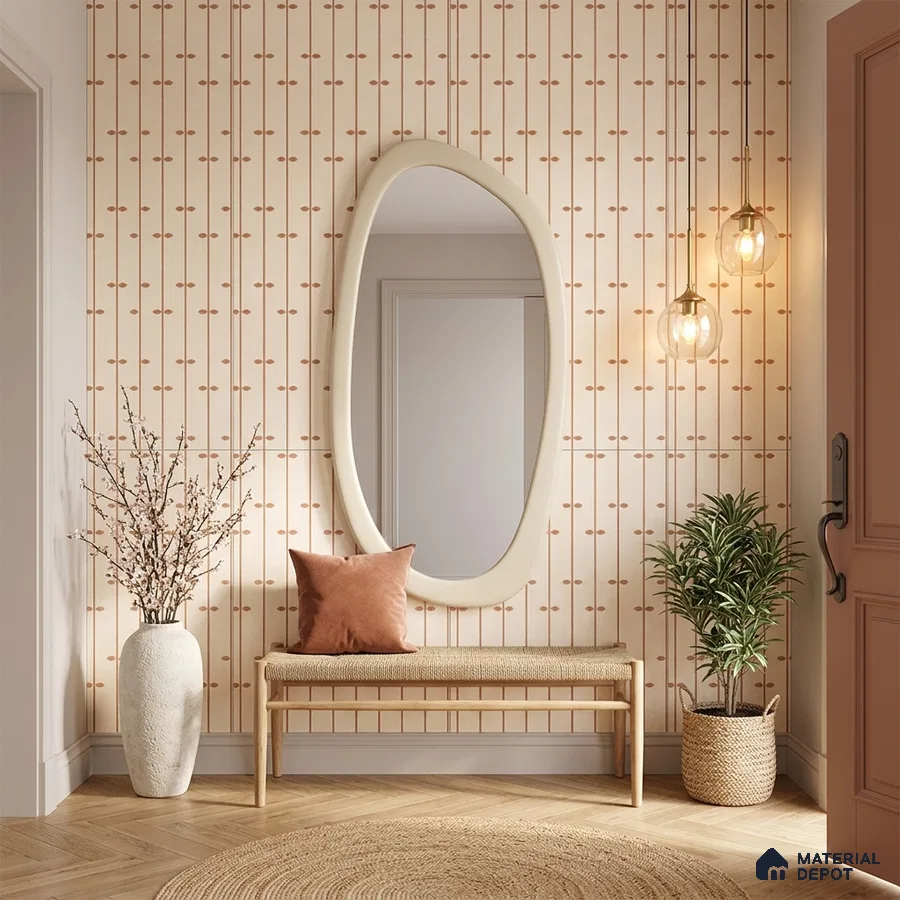 Scandinavian foyer with patterned tile, natural wood bench, and herringbone wooden flooring