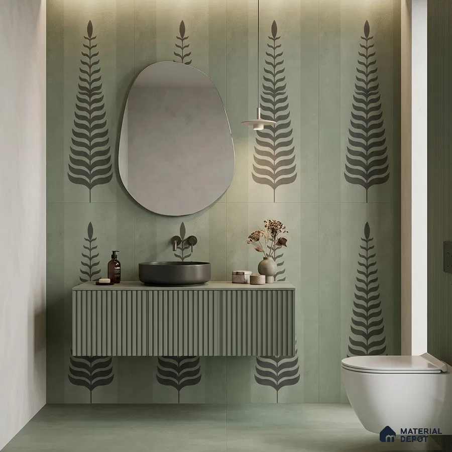 Minimalist bathroom with sage green fluted vanity, botanical patterned wall tiles, and matte fixtures