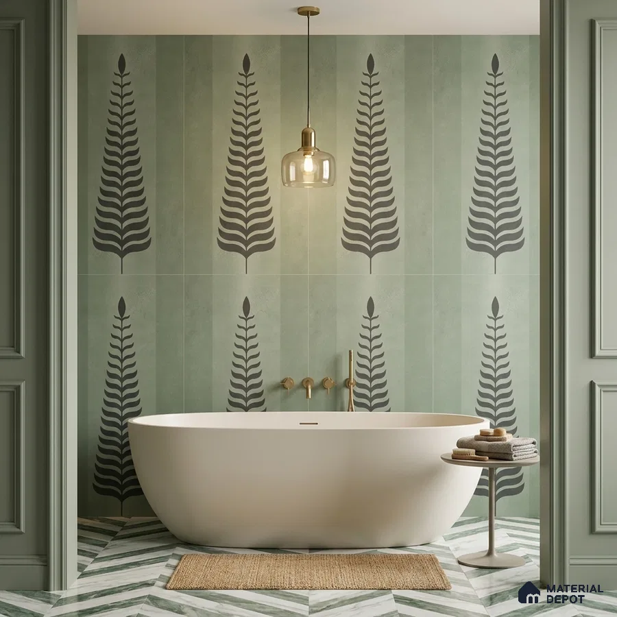 Scandinavian bathroom with sage green botanical wall tiles and chevron marble floor tiles