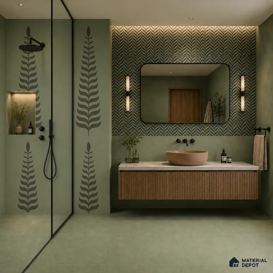 Modern bathroom with sage green patterned wall tiles, fluted wood vanity, and terrazzo countertop