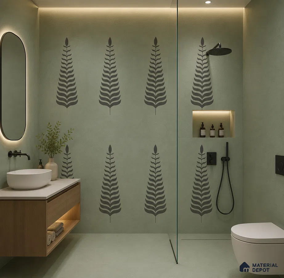 Minimalist bathroom with sage green patterned wall tiles and floating wood vanity