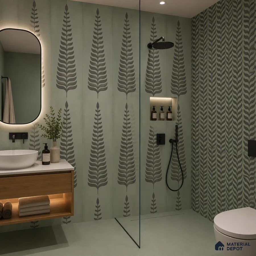 Scandinavian bathroom with sage green botanical patterned wall tiles and floating wood vanity