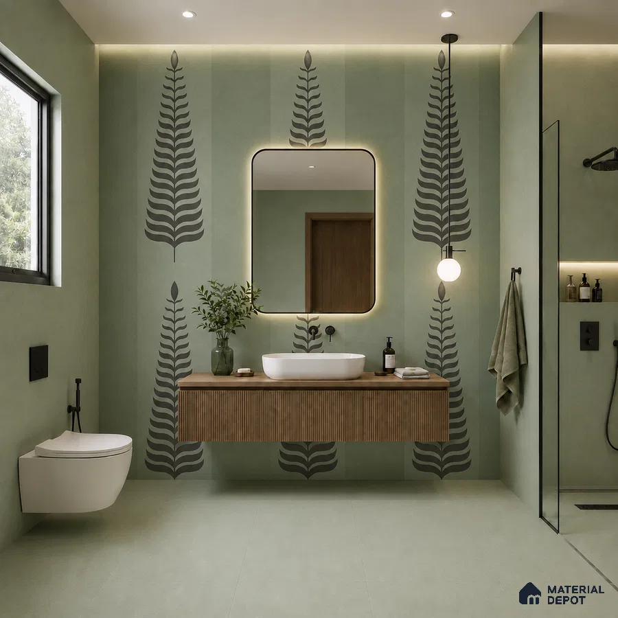 Scandinavian bathroom with sage green fern patterned wall tiles and fluted wood vanity