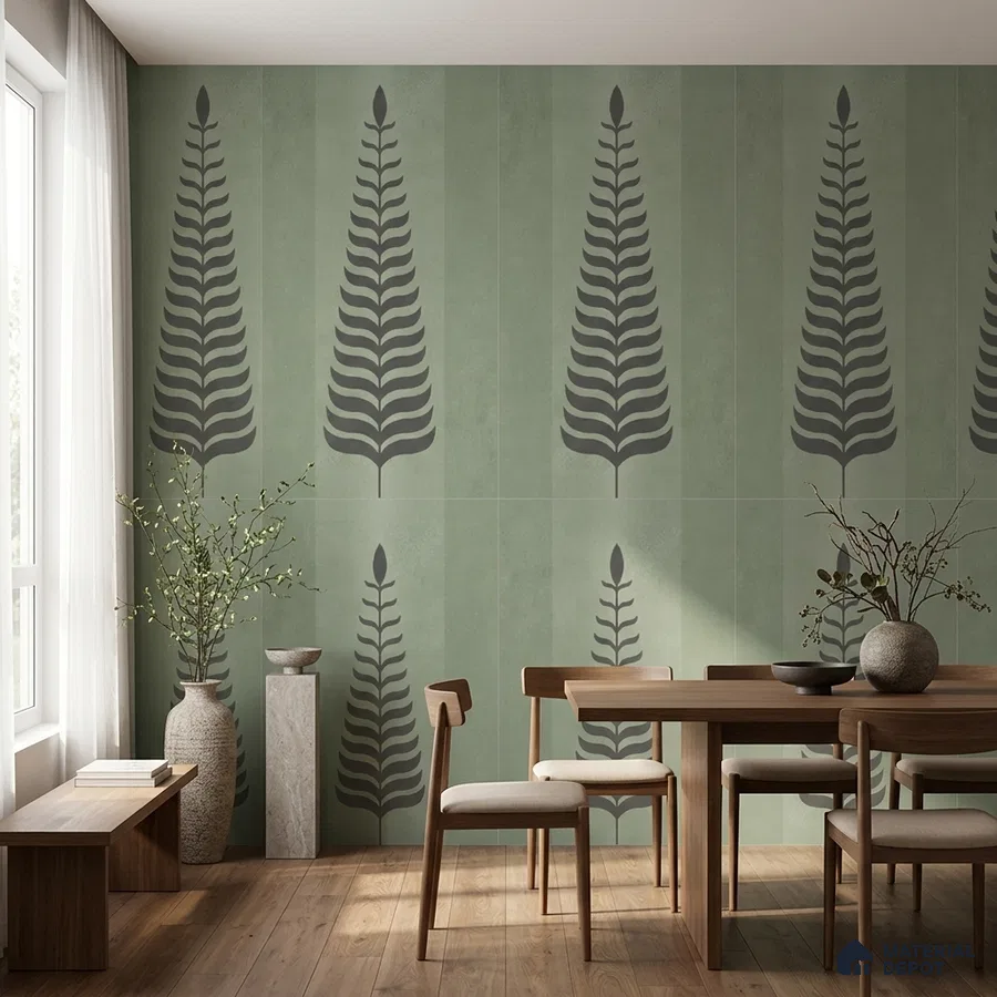 Scandinavian dining room with sage green patterned tile and natural wood flooring