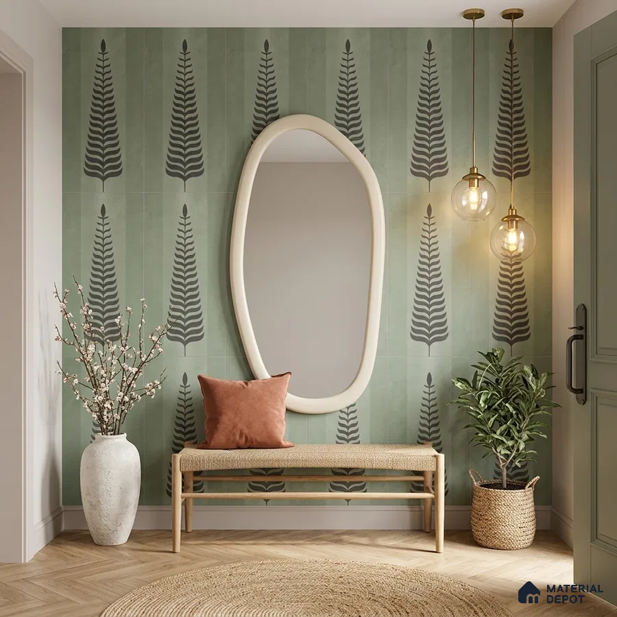 Scandinavian foyer with sage green patterned tile, natural wood bench, and herringbone wooden flooring