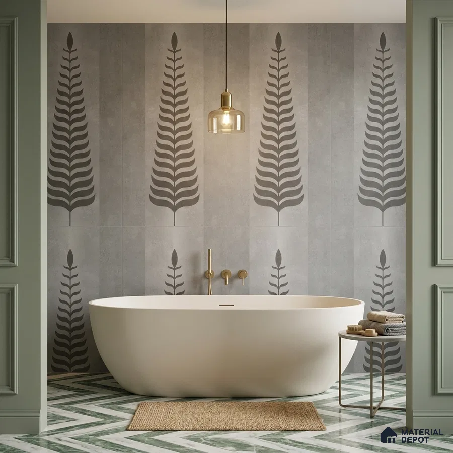 Modern bathroom with fern motif grey wall tiles and green chevron marble floor tiles