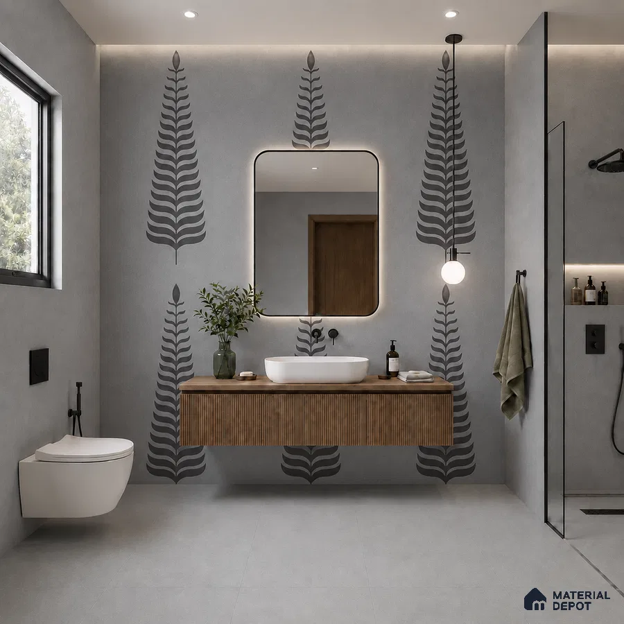 Minimalist bathroom with grey patterned wall tiles and fluted wood floating vanity