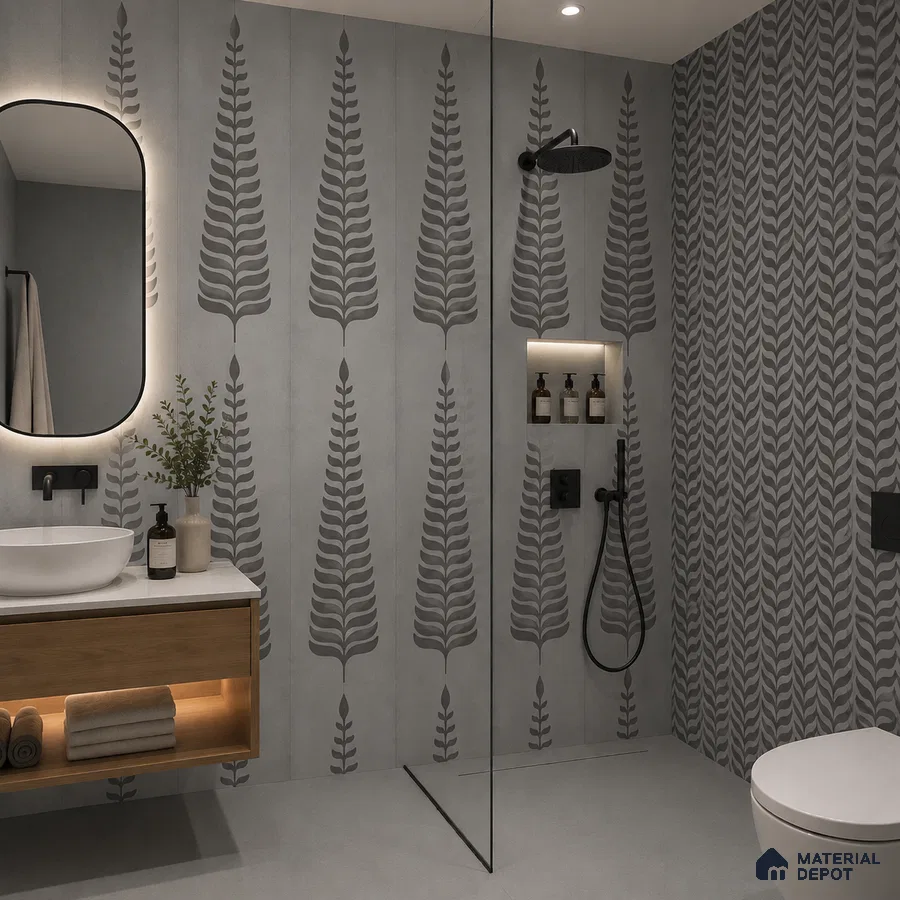 Scandinavian bathroom with grey patterned wall tiles and floating wood vanity