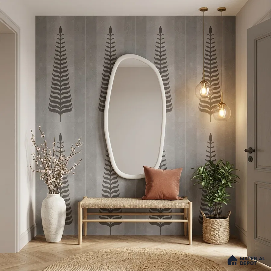Scandinavian foyer with grey patterned wall tiles, natural wood bench, and herringbone wooden flooring