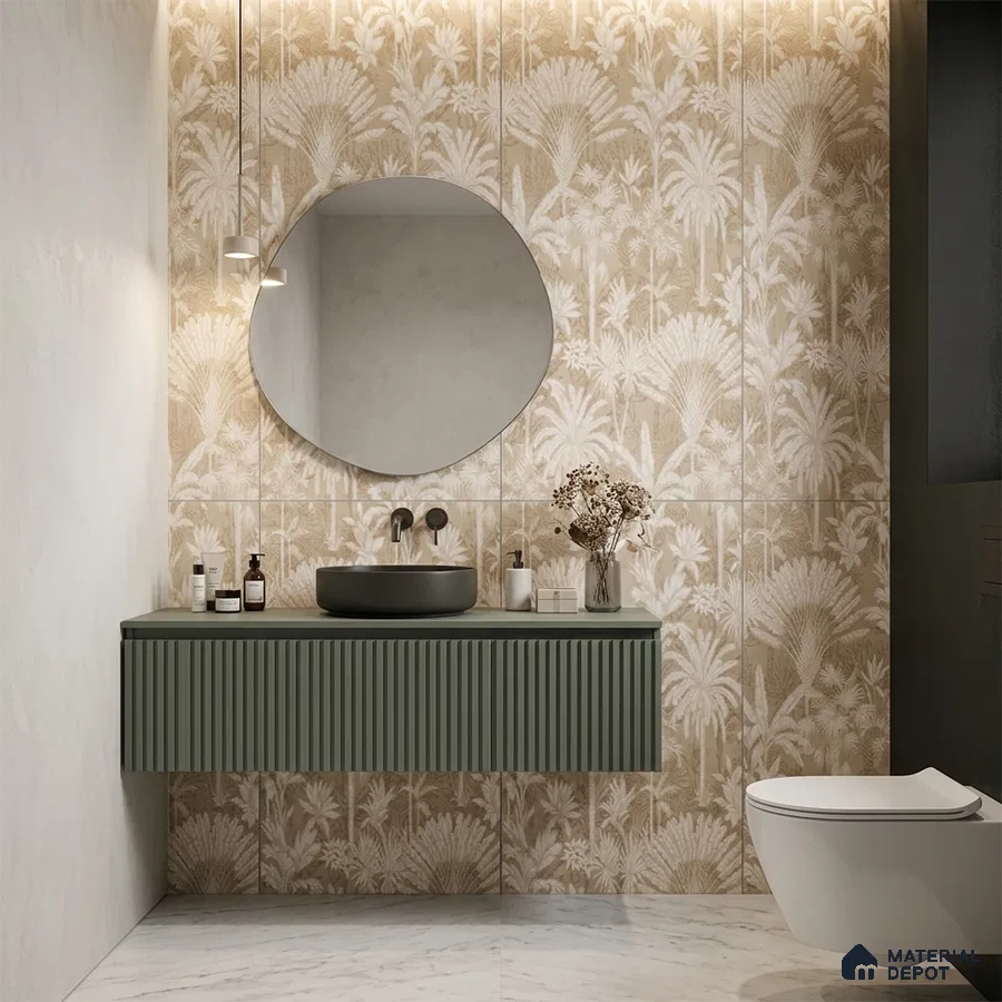 Modern bathroom with beige tropical patterned wall tiles, olive green fluted vanity, and white marble floor tiles