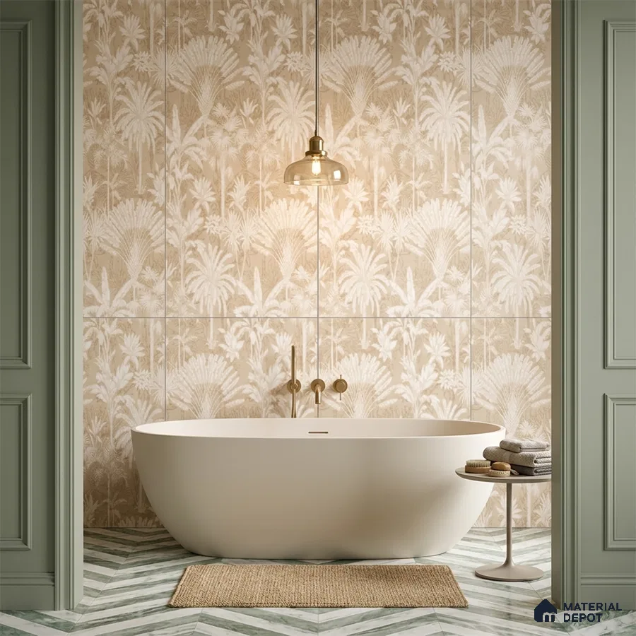Modern bathroom with beige tropical patterned wall tiles and chevron green and white floor tiles