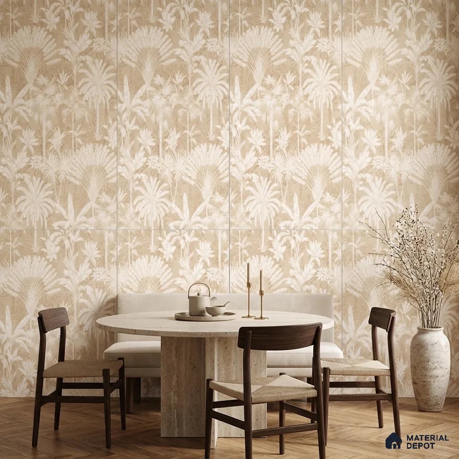 Scandinavian dining room with beige tropical tile and travertine dining table