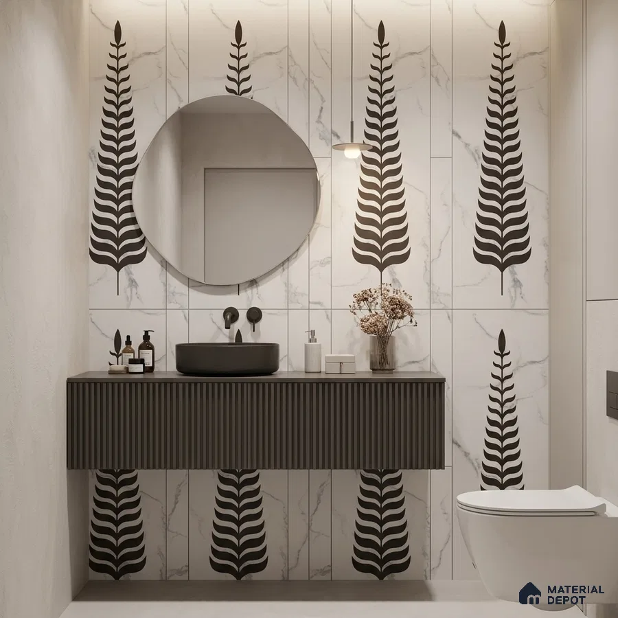 Modern bathroom with marble-look leaf patterned wall tiles and fluted dark vanity