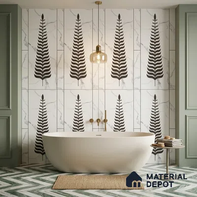 Modern bathroom with marble look botanical wall tiles and green chevron floor tiles