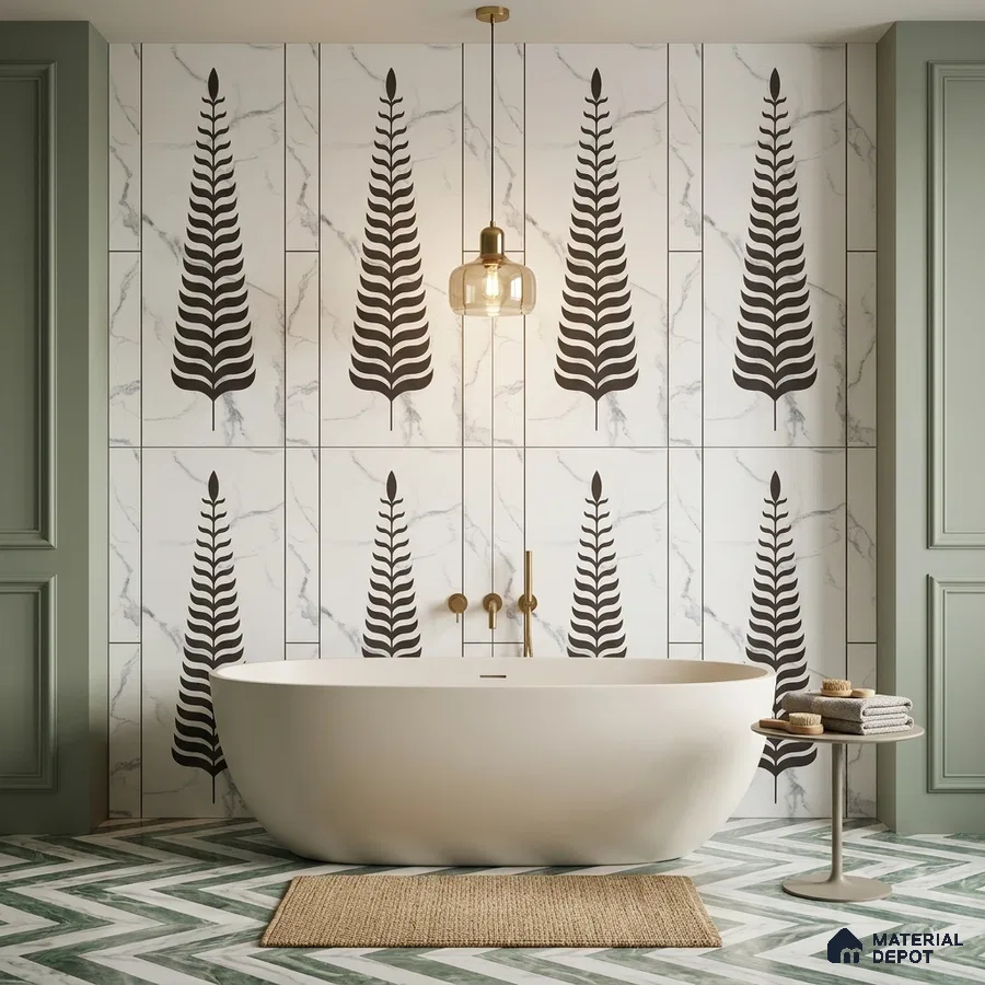 Modern bathroom with marble look botanical wall tiles and green chevron floor tiles