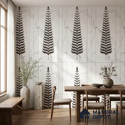 Scandinavian dining room with marble-look patterned wall tiles and natural wood furniture