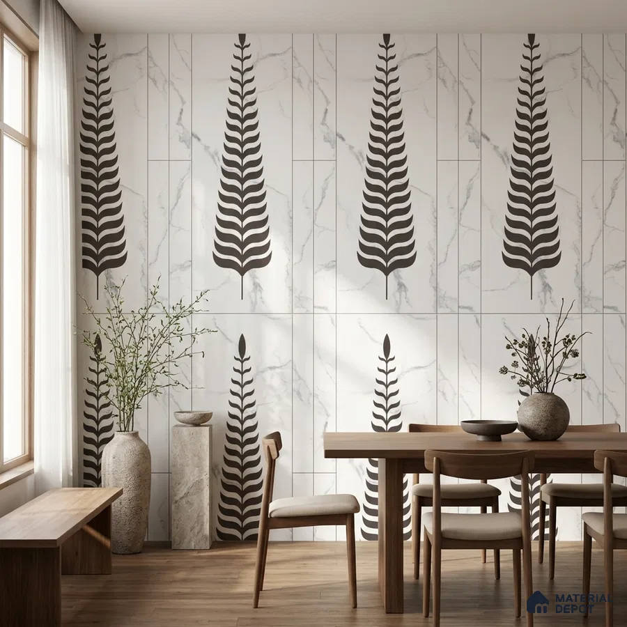 Scandinavian dining room with marble-look patterned wall tiles and natural wood furniture