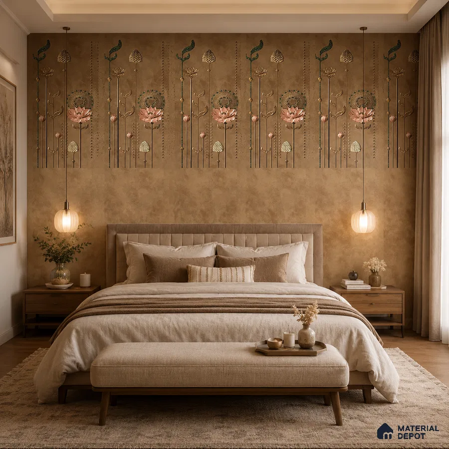 Japandi bedroom with floral patterned tile, suede upholstered bed, and natural wood furniture
