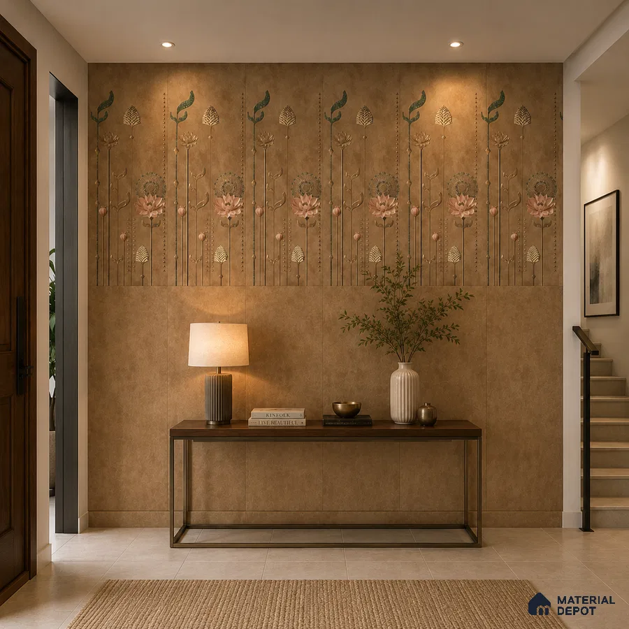 Modern foyer with floral patterned tile and warm beige stone wall panels