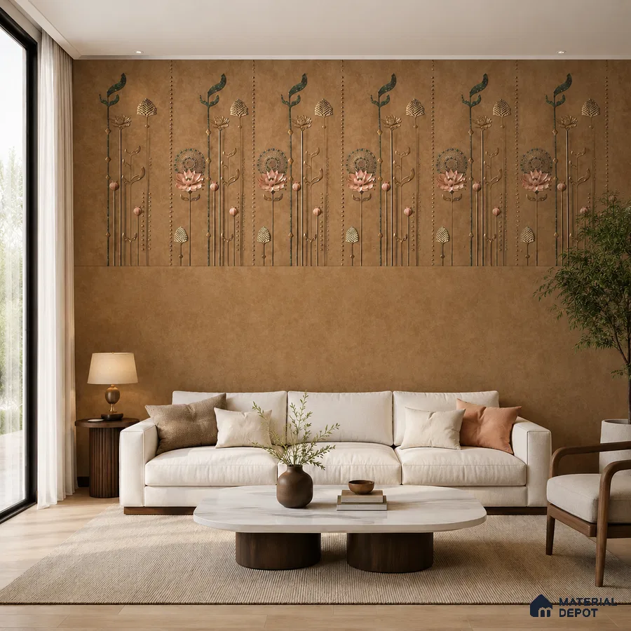 Modern living room with floral patterned wall panels and beige textured tile