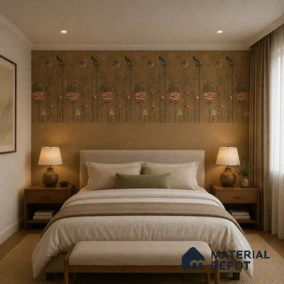 Japandi bedroom with floral patterned tile, natural wood furniture, and beige fabric upholstery