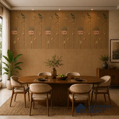 Mid-century modern dining room with floral embossed wall panels and walnut wood dining set