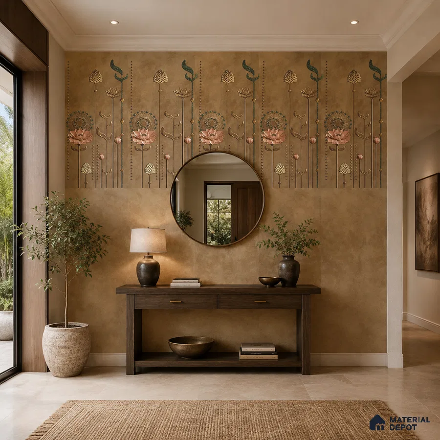Modern foyer with floral patterned tile, walnut wood console, and beige stone floor tile