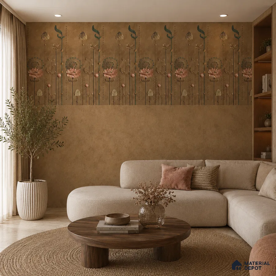 Japandi living room with floral patterned tile, beige textured wall, and natural wood coffee table