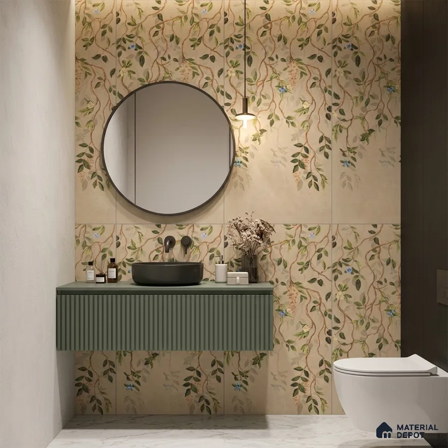 Modern bathroom with floral patterned wall tiles, sage green fluted vanity, and marble floor tile