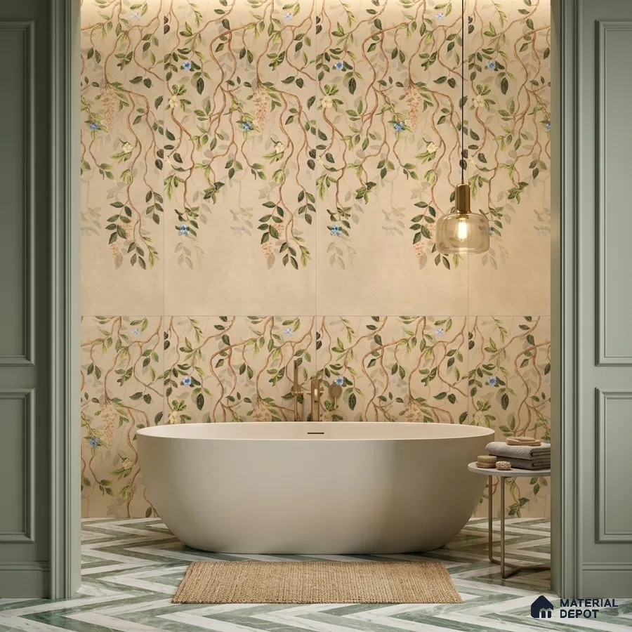 Modern bathroom with floral patterned wall tiles and green chevron floor tiles