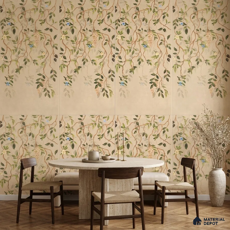 Scandinavian dining room with floral patterned tile and light wood dining set