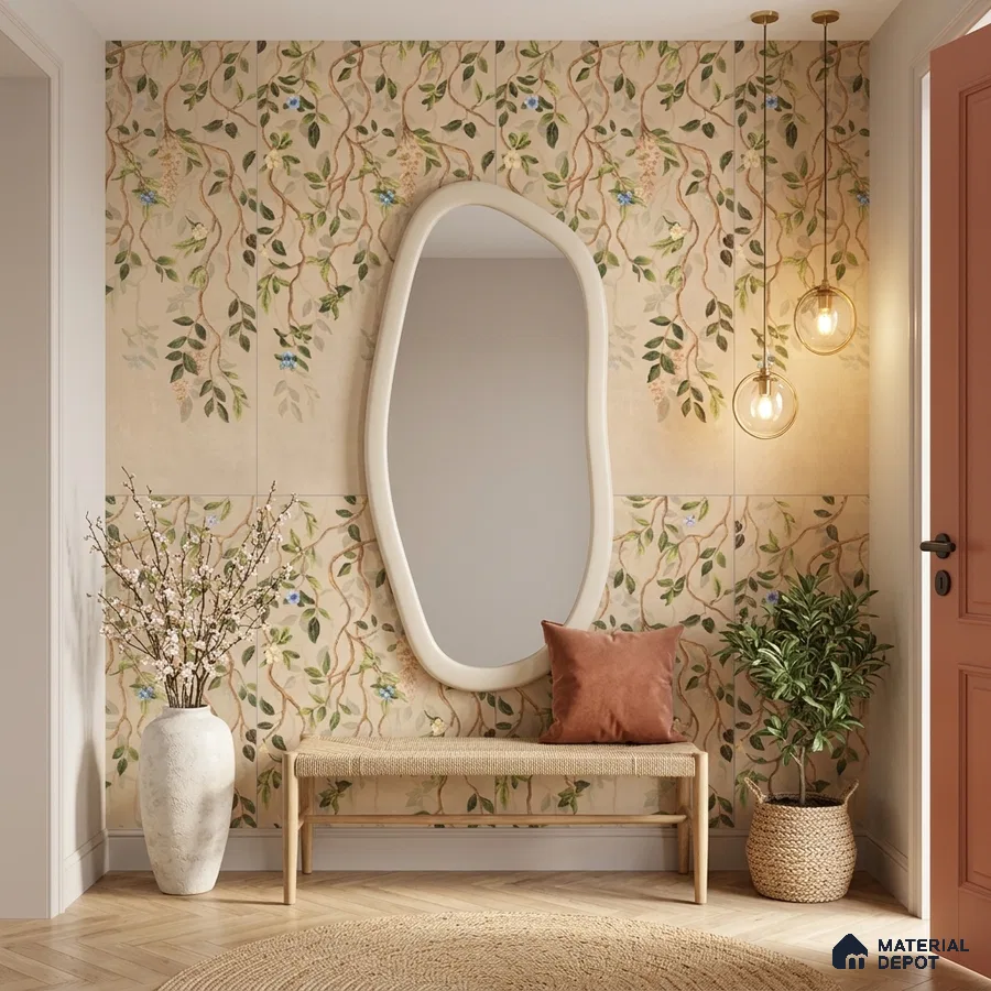 Scandinavian foyer with floral tile, natural wood bench, and herringbone wooden flooring