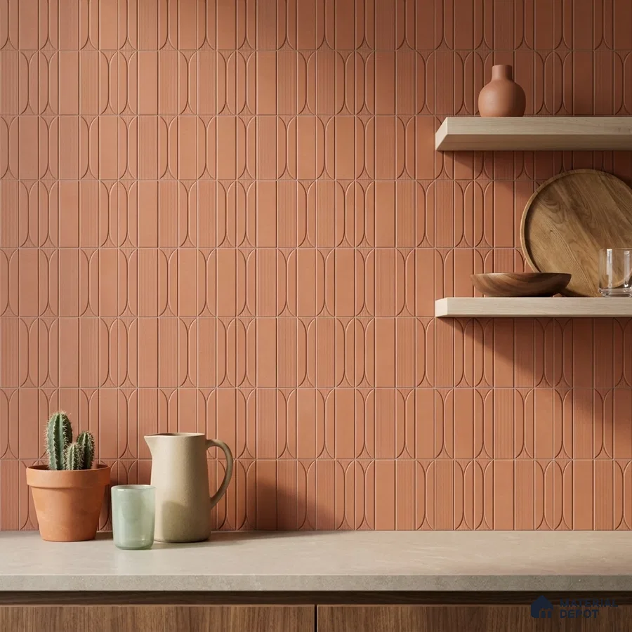 Mid-century Modern Kitchen with Terracotta Patterned Backsplash Tile