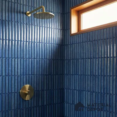 Modern Bathroom with Cobalt Blue Glossy Kit-Kat Tile and Brass Fixtures