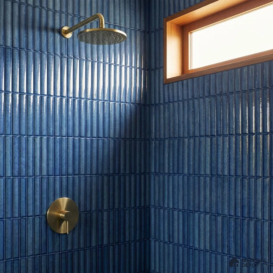 Modern Bathroom with Cobalt Blue Glossy Kit-Kat Tile and Brass Fixtures