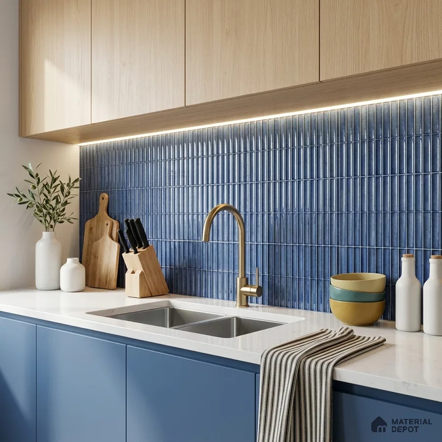 Modern Kitchen with Cobalt Blue Glossy Kit-Kat Backsplash Tile
